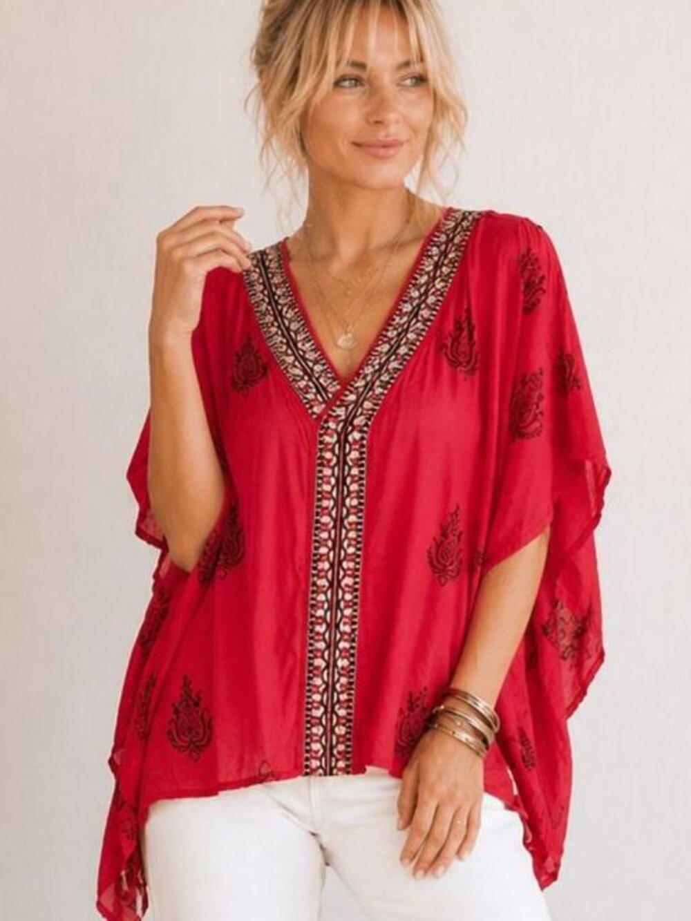Chico's S M 8 10 Cinnabar Mirror Ribbon Trim Cotton Gauze Tunic Top